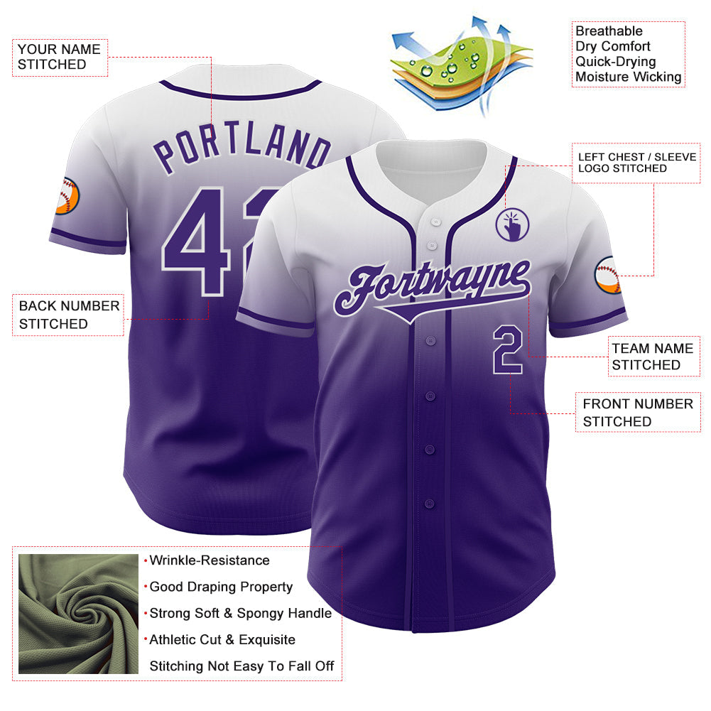 Custom White Purple Authentic Fade Fashion Baseball Jersey view 3
