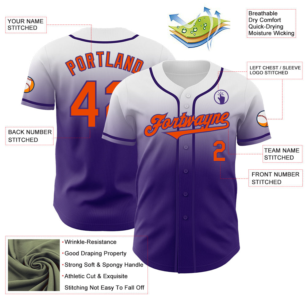 Custom White Orange-Purple Authentic Fade Fashion Baseball Jersey view 3