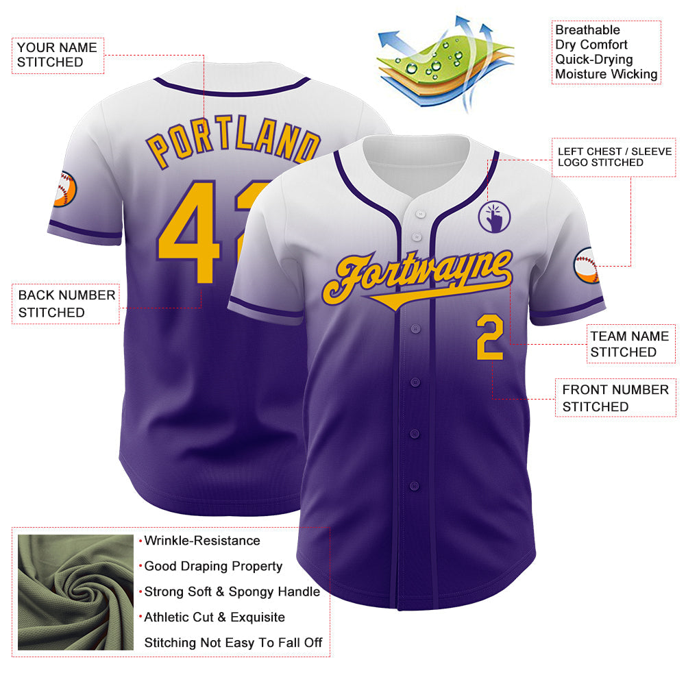 Custom White Gold-Purple Authentic Fade Fashion Baseball Jersey view 3