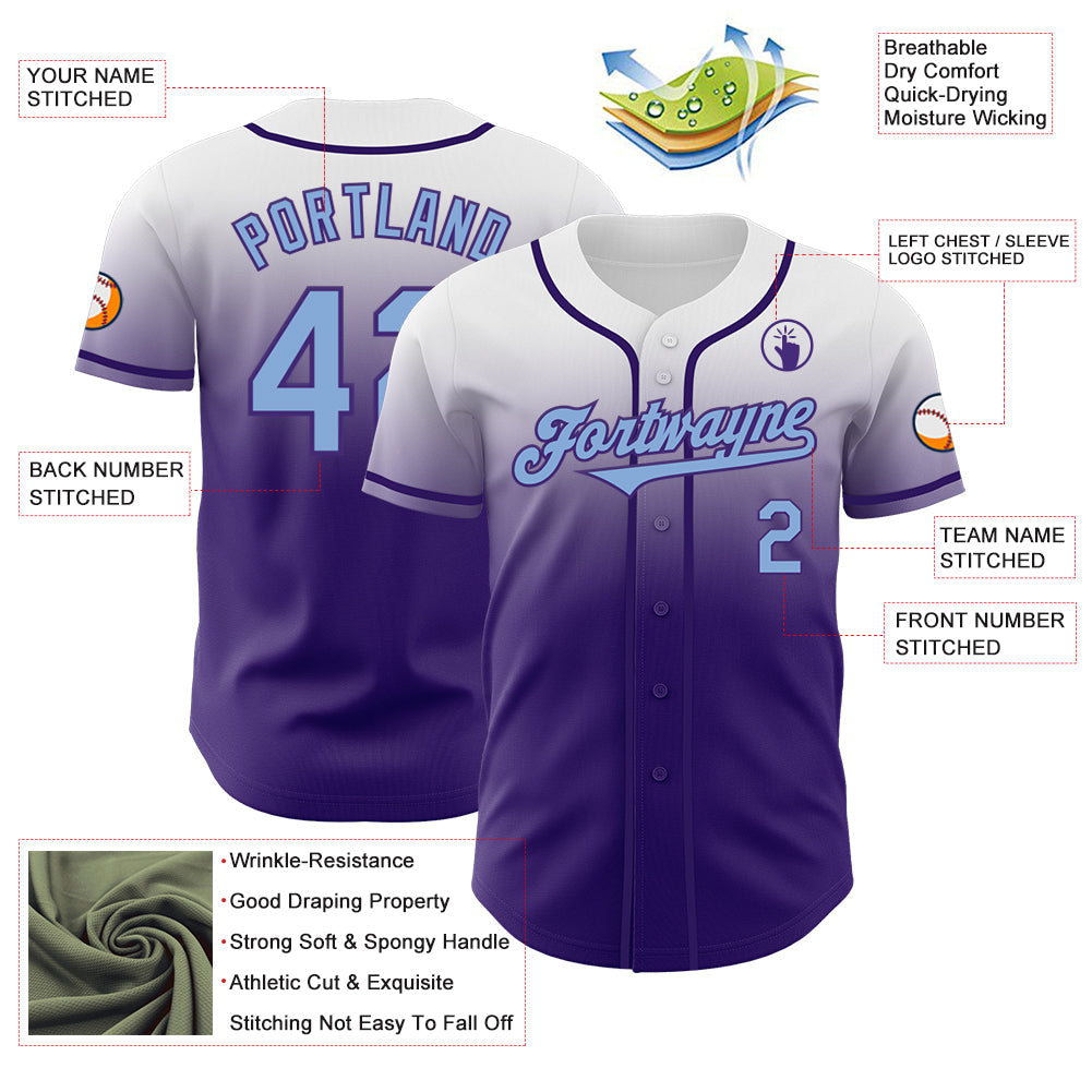 Custom White Light Blue-Purple Authentic Fade Fashion Baseball Jersey view 3