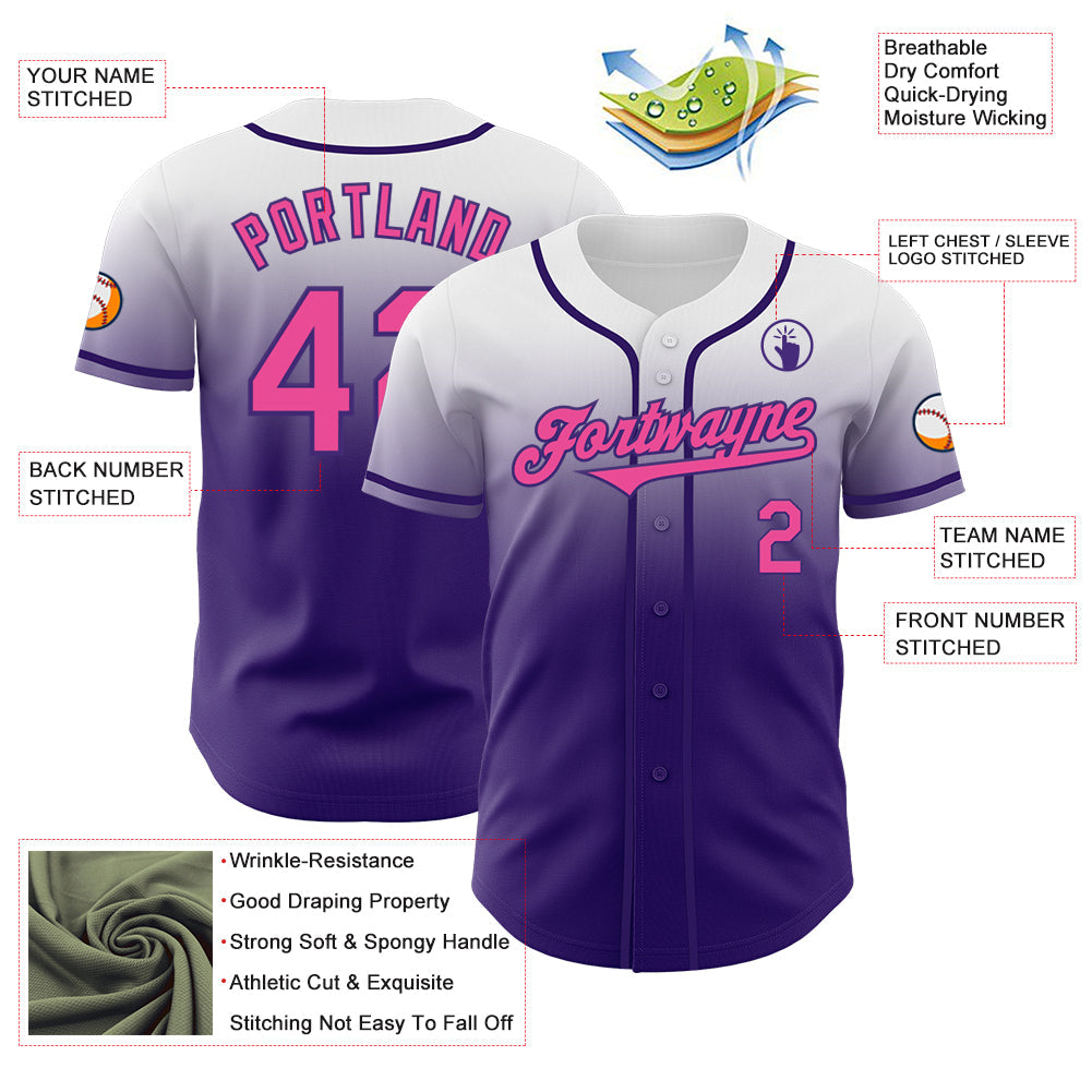 Custom White Pink-Purple Authentic Fade Fashion Baseball Jersey view 3