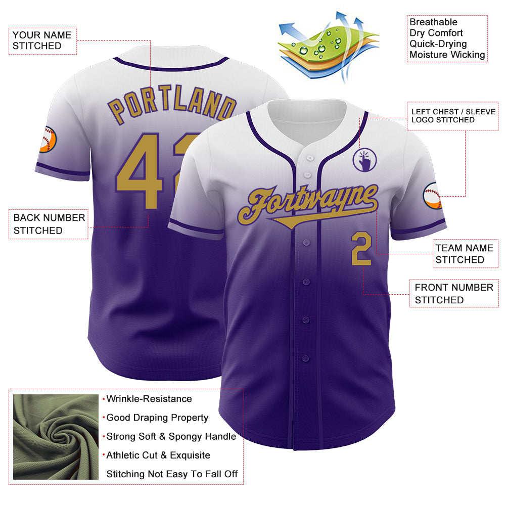 Custom White Old Gold-Purple Authentic Fade Fashion Baseball Jersey view 3