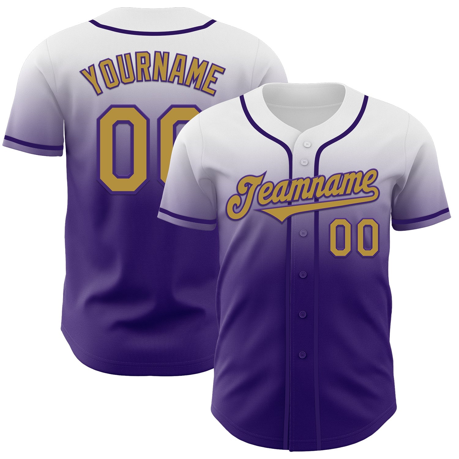 Custom White Old Gold-Purple Authentic Fade Fashion Baseball Jersey - Main View