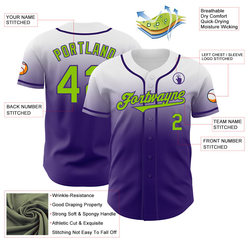 Custom White Neon Green-Purple Authentic Fade Fashion Baseball Jersey view 3