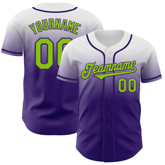 Custom White Neon Green-Purple Authentic Fade Fashion Baseball Jersey - Main View