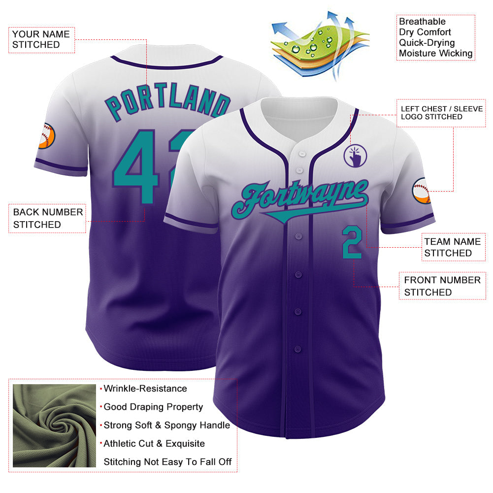 Custom White Teal-Purple Authentic Fade Fashion Baseball Jersey view 3