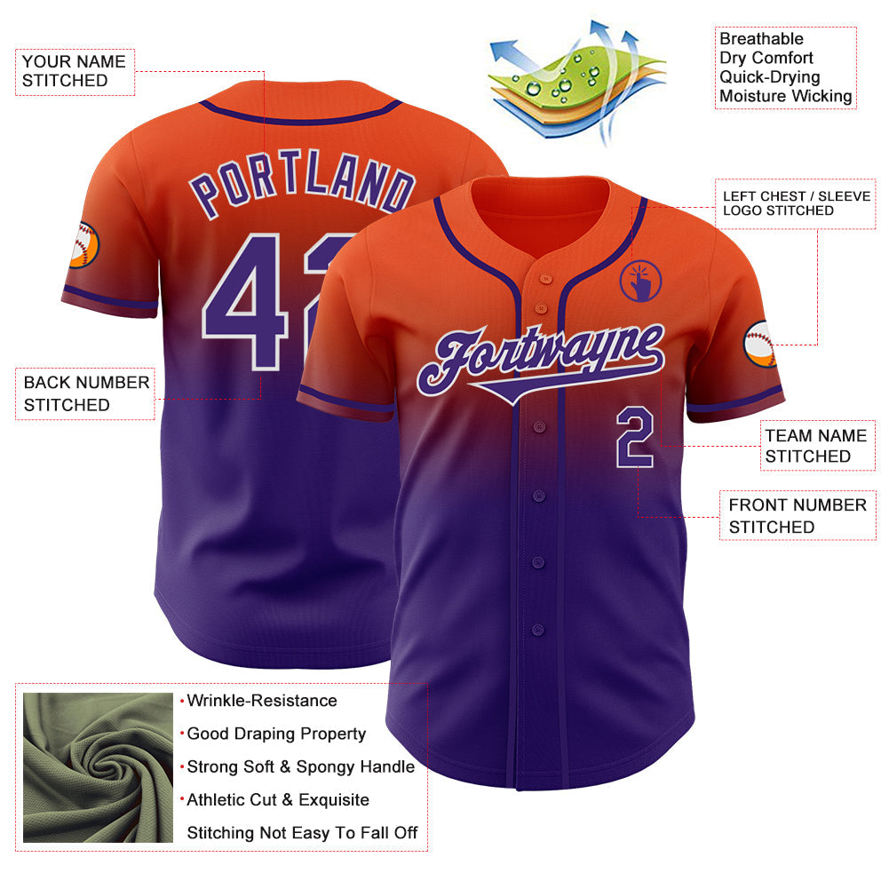 Custom Orange Purple-White Authentic Fade Fashion Baseball Jersey view 3