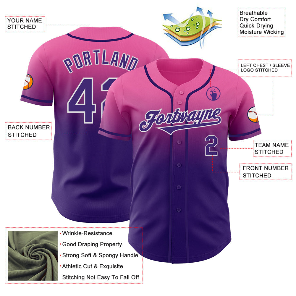 Custom Pink Purple-White Authentic Fade Fashion Baseball Jersey view 3