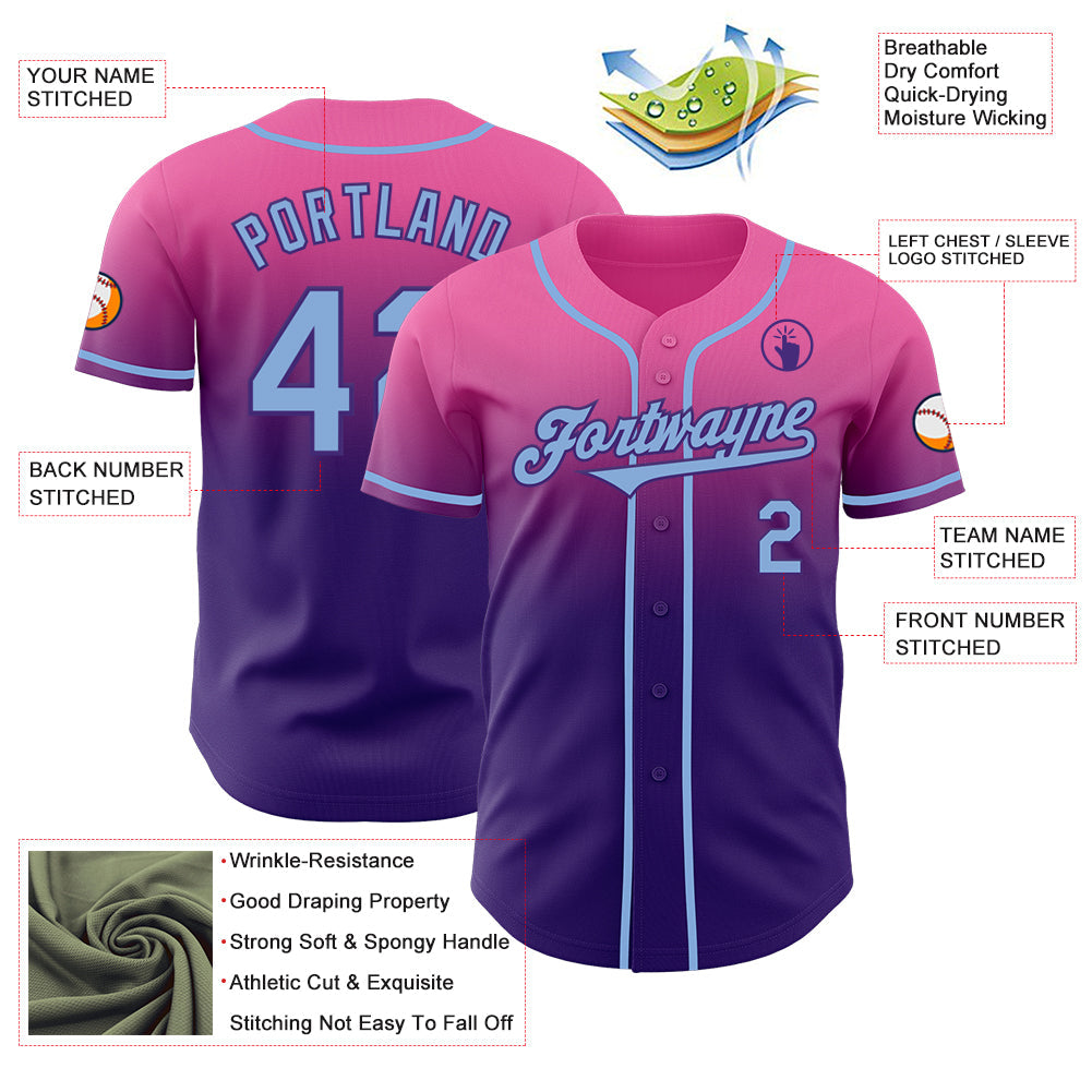 Custom Pink Light Blue-Purple Authentic Fade Fashion Baseball Jersey view 3