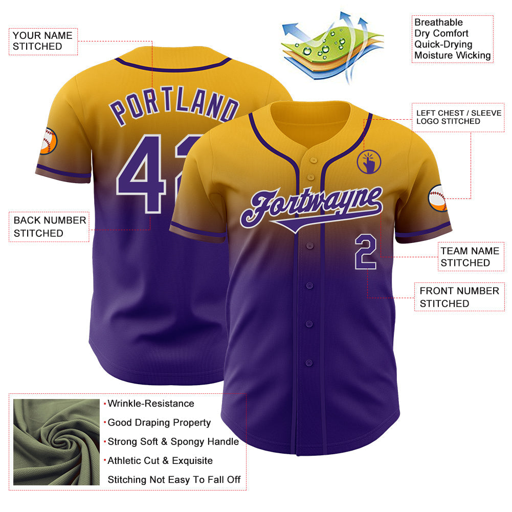 Custom Gold Purple-White Authentic Fade Fashion Baseball Jersey view 3