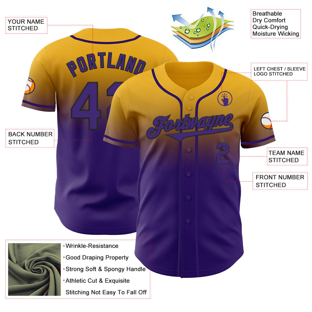 Custom Gold Purple-Black Authentic Fade Fashion Baseball Jersey view 3