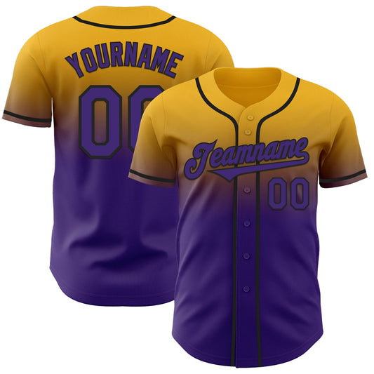 Custom Gold Purple-Black Authentic Fade Fashion Baseball Jersey - Main View