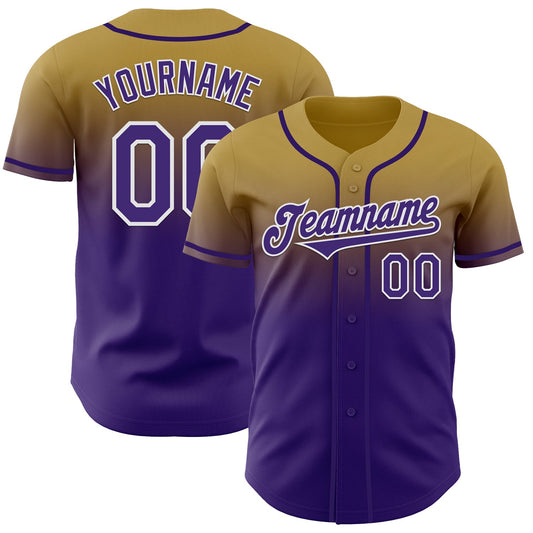 Custom Old Gold Purple-White Authentic Fade Fashion Baseball Jersey - Main View