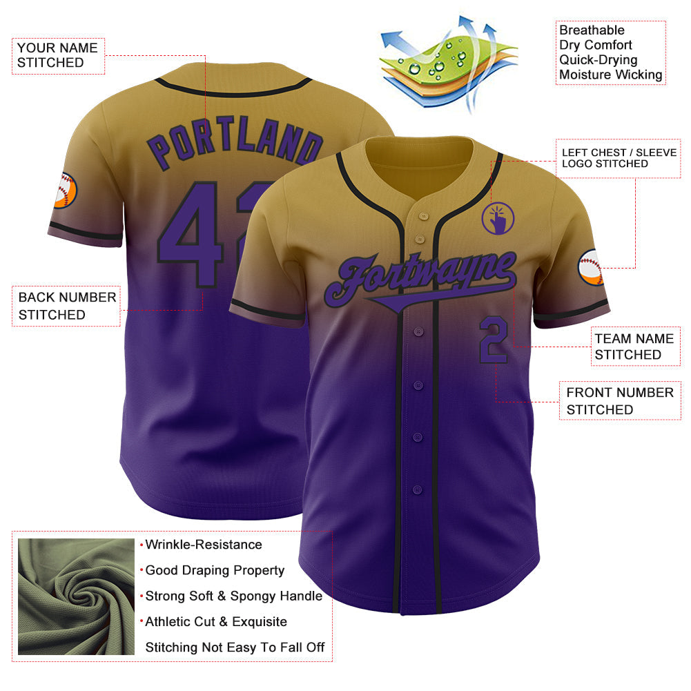 Custom Old Gold Purple-Black Authentic Fade Fashion Baseball Jersey view 3