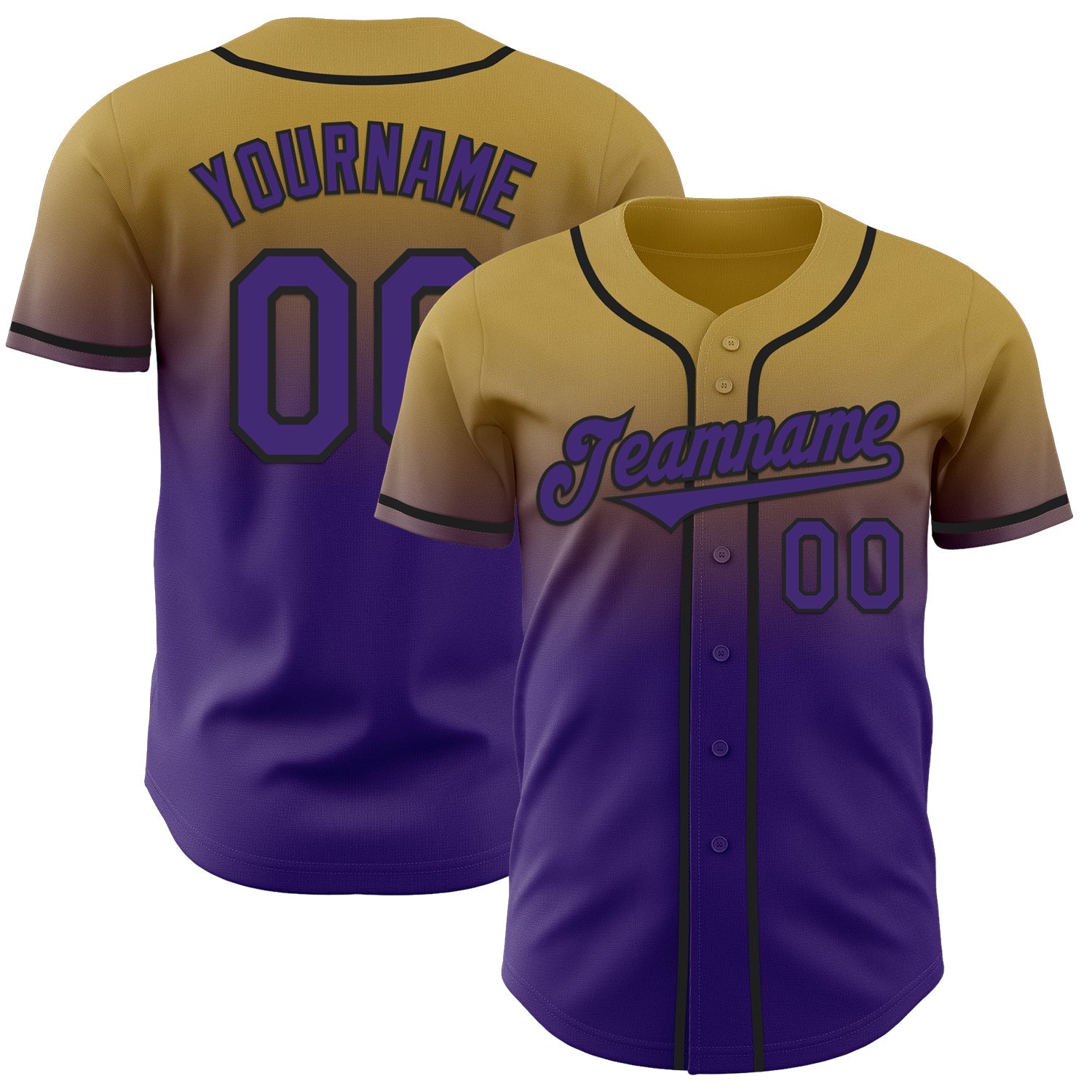 Custom Old Gold Purple-Black Authentic Fade Fashion Baseball Jersey - Main View