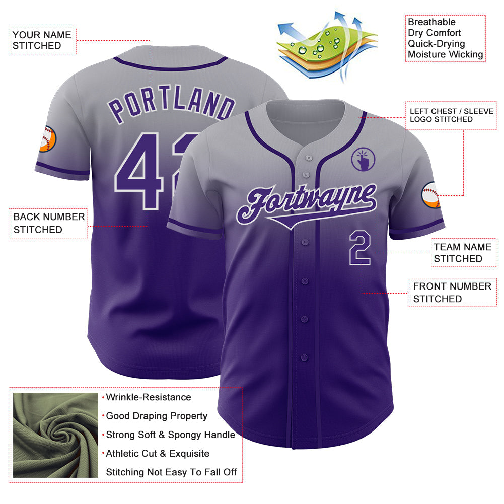 Custom Gray Purple-White Authentic Fade Fashion Baseball Jersey view 3