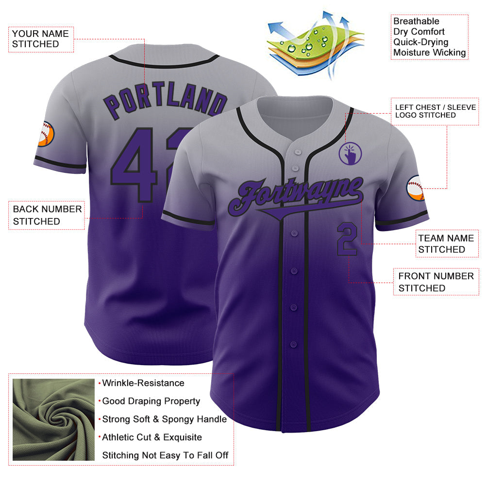 Custom Gray Purple-Black Authentic Fade Fashion Baseball Jersey view 3