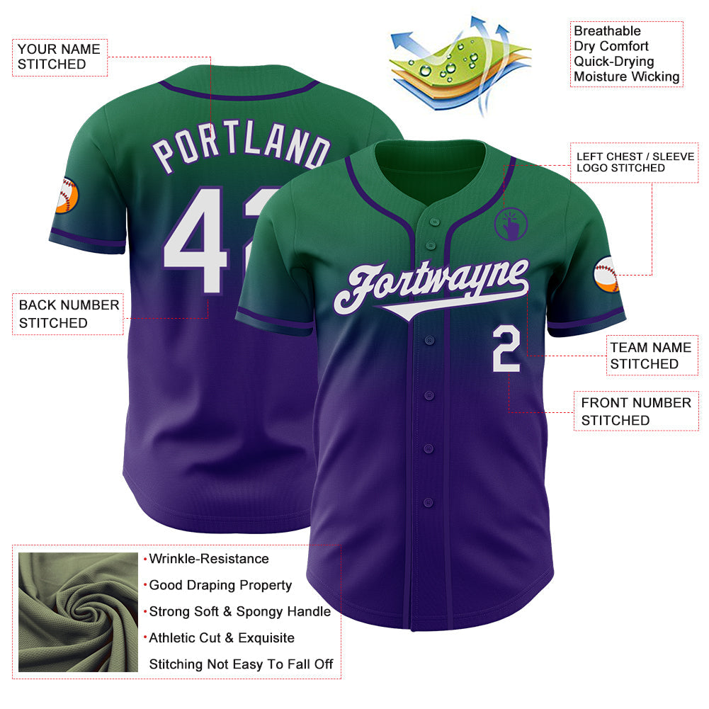 Custom Kelly Green White-Purple Authentic Fade Fashion Baseball Jersey view 3