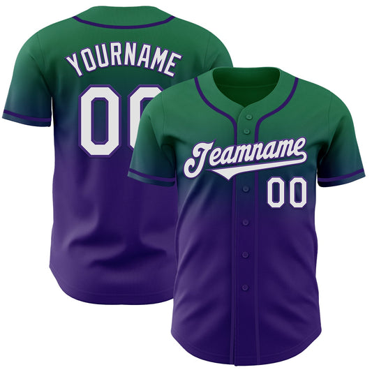 Custom Kelly Green White-Purple Authentic Fade Fashion Baseball Jersey - Main View