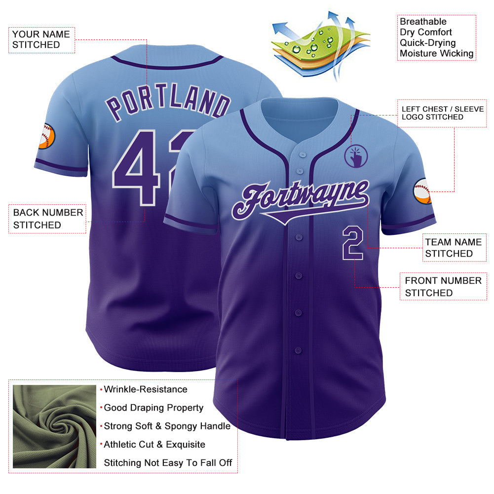 Custom Light Blue Purple-White Authentic Fade Fashion Baseball Jersey view 3