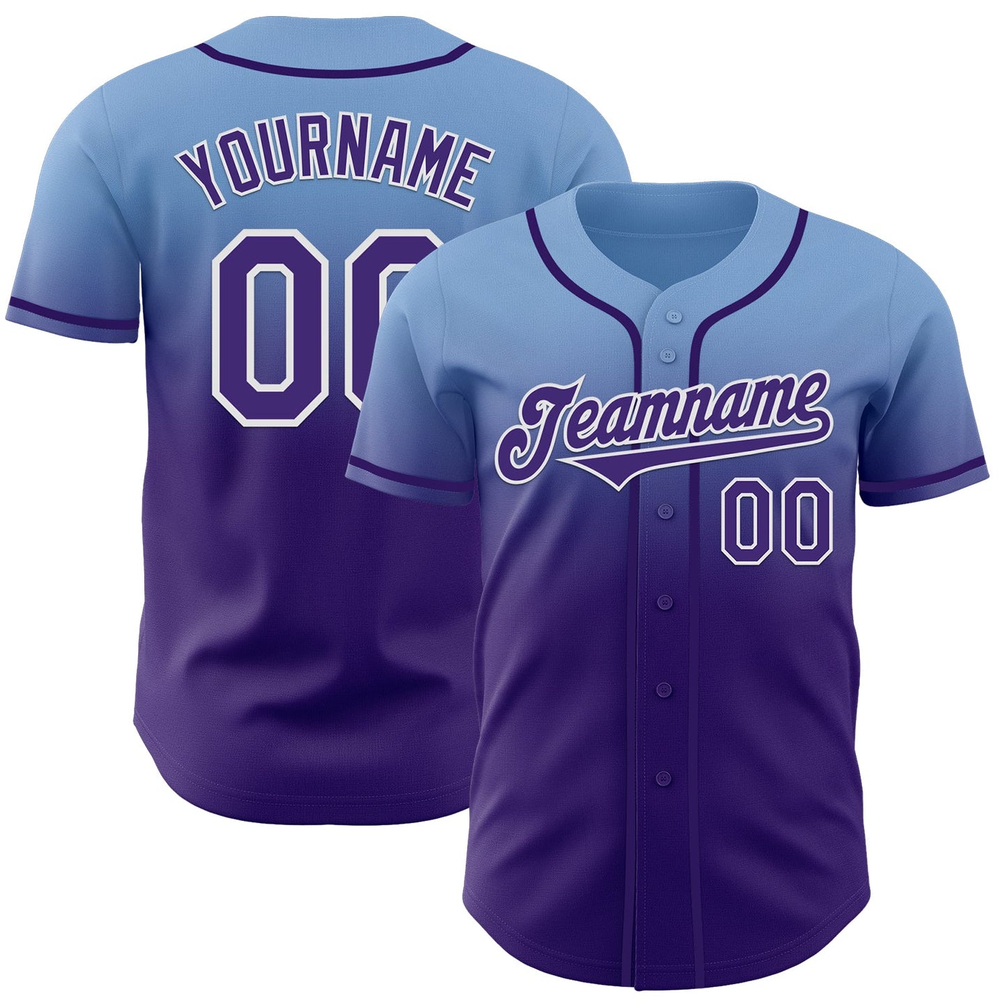 Custom Light Blue Purple-White Authentic Fade Fashion Baseball Jersey - Main View