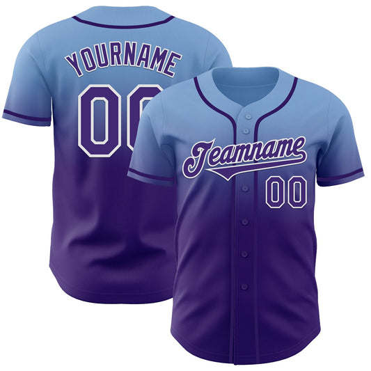 Custom Light Blue Purple-White Authentic Fade Fashion Baseball Jersey - Main View