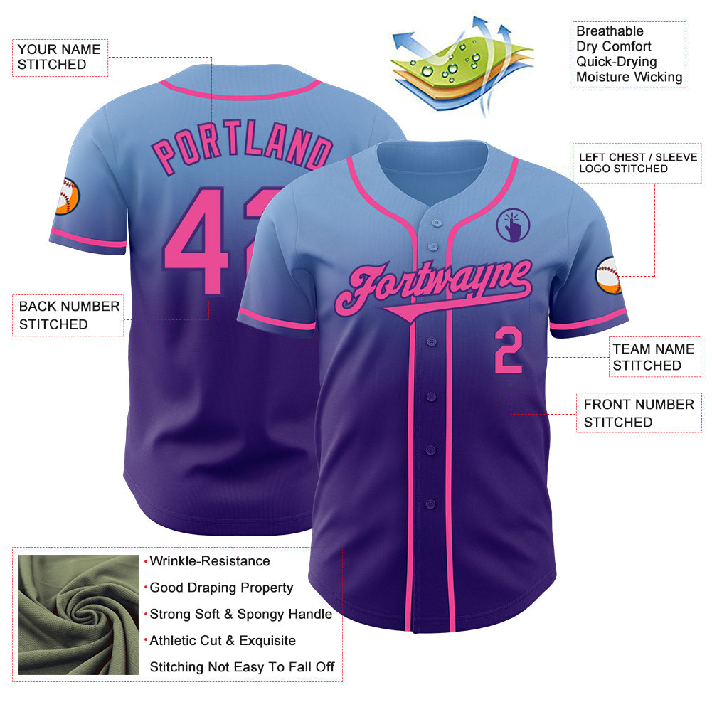 Custom Light Blue Pink-Purple Authentic Fade Fashion Baseball Jersey view 3