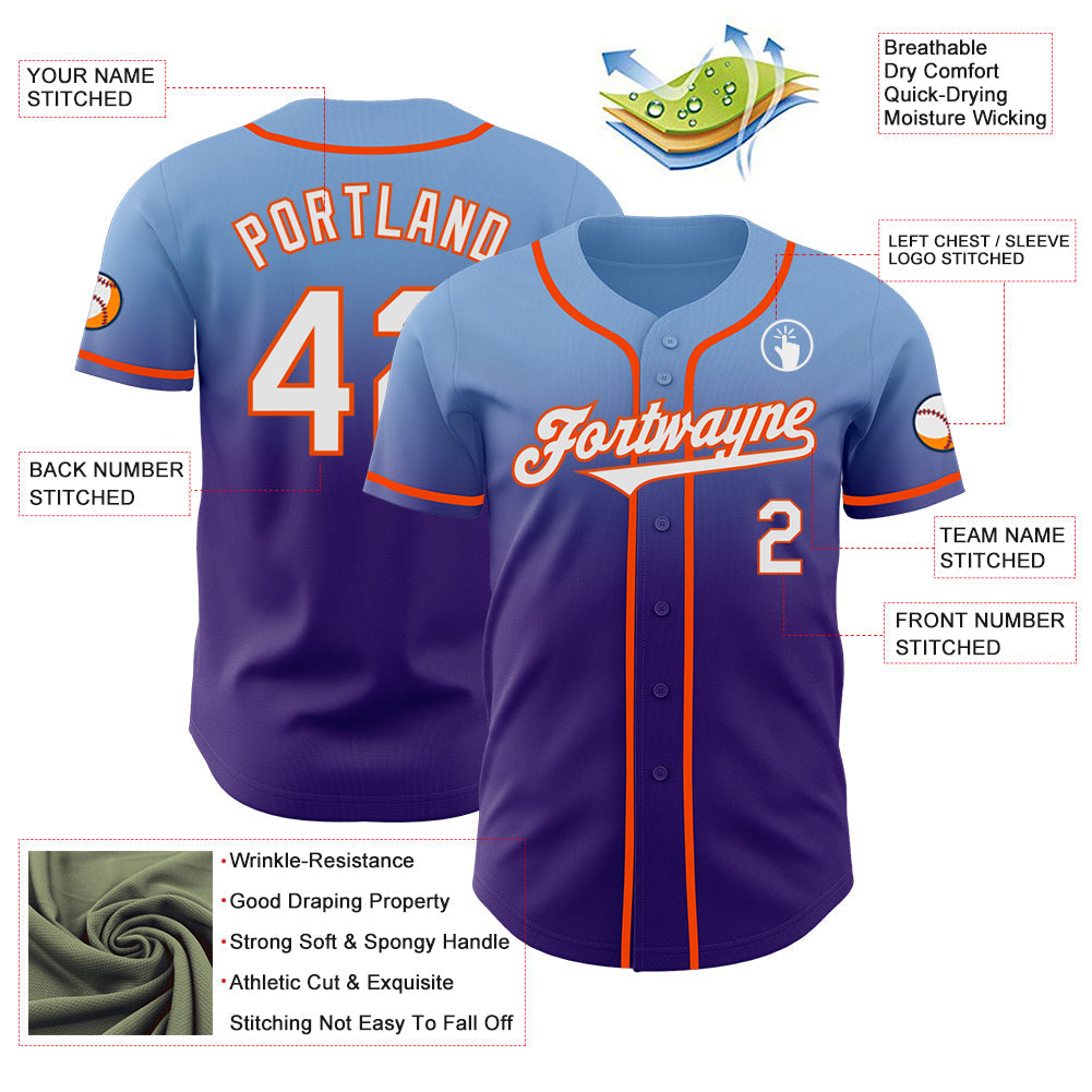 Custom Light Blue White Purple-Orange Authentic Fade Fashion Baseball Jersey view 3