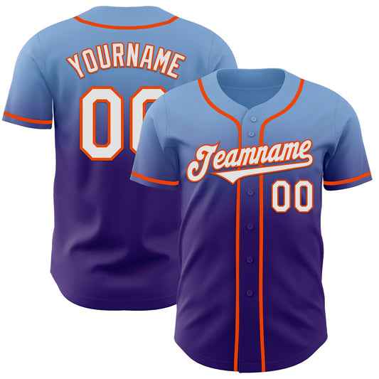 Custom Light Blue White Purple-Orange Authentic Fade Fashion Baseball Jersey - Main View