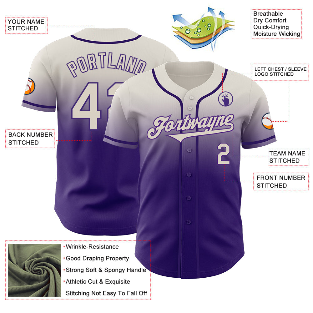 Custom Cream Purple Authentic Fade Fashion Baseball Jersey view 3