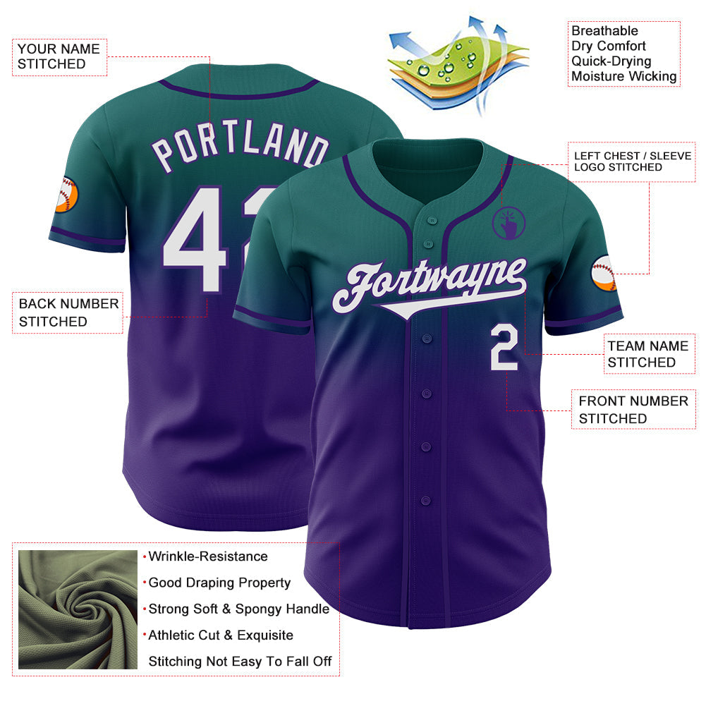 Custom Teal White-Purple Authentic Fade Fashion Baseball Jersey view 3