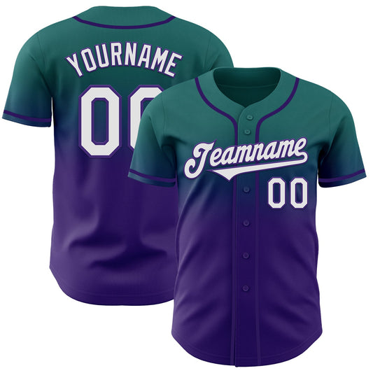 Custom Teal White-Purple Authentic Fade Fashion Baseball Jersey - Main View