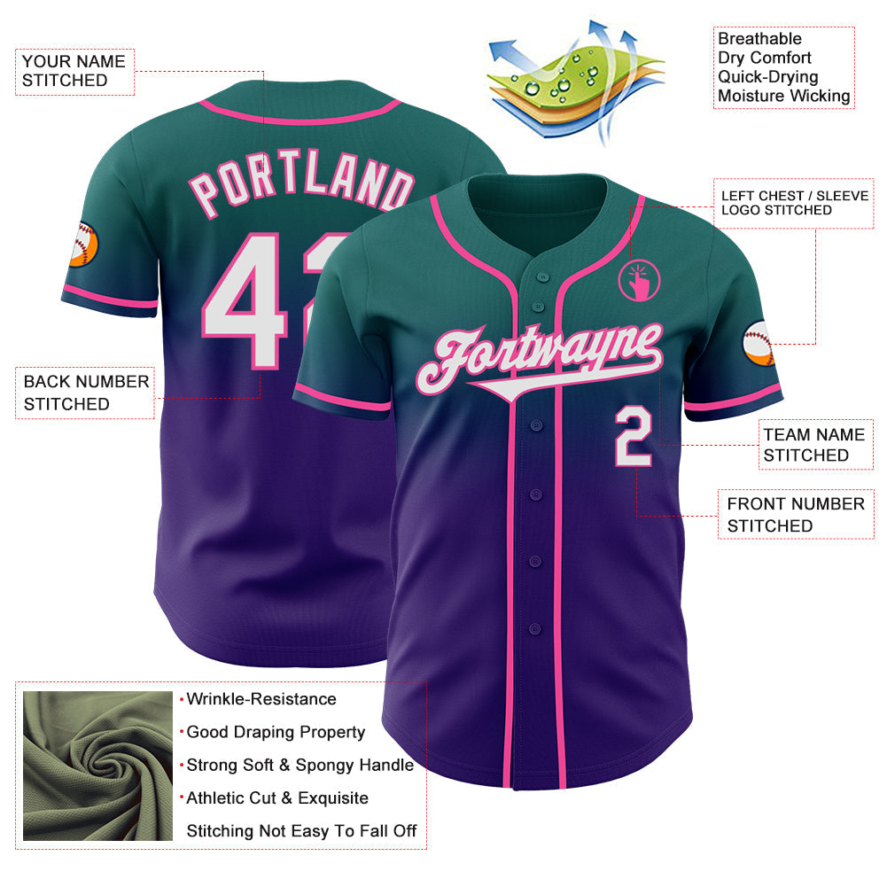 Custom Teal White Purple-Pink Authentic Fade Fashion Baseball Jersey view 3