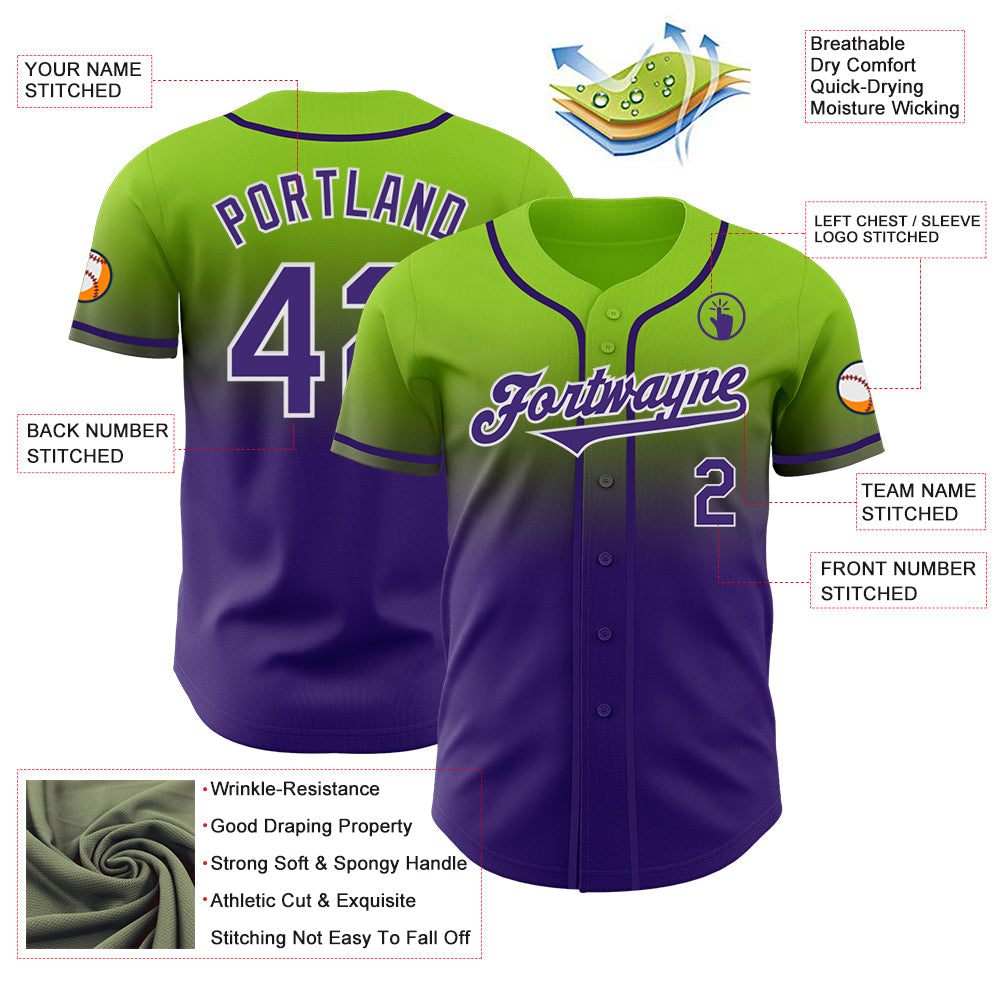 Custom Neon Green Purple-White Authentic Fade Fashion Baseball Jersey view 3