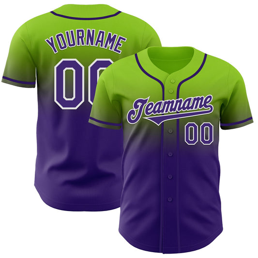 Custom Neon Green Purple-White Authentic Fade Fashion Baseball Jersey - Main View