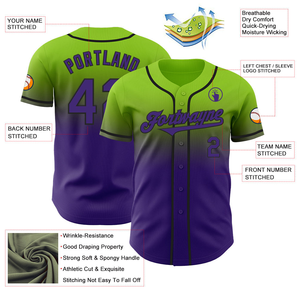 Custom Neon Green Purple-Black Authentic Fade Fashion Baseball Jersey view 3