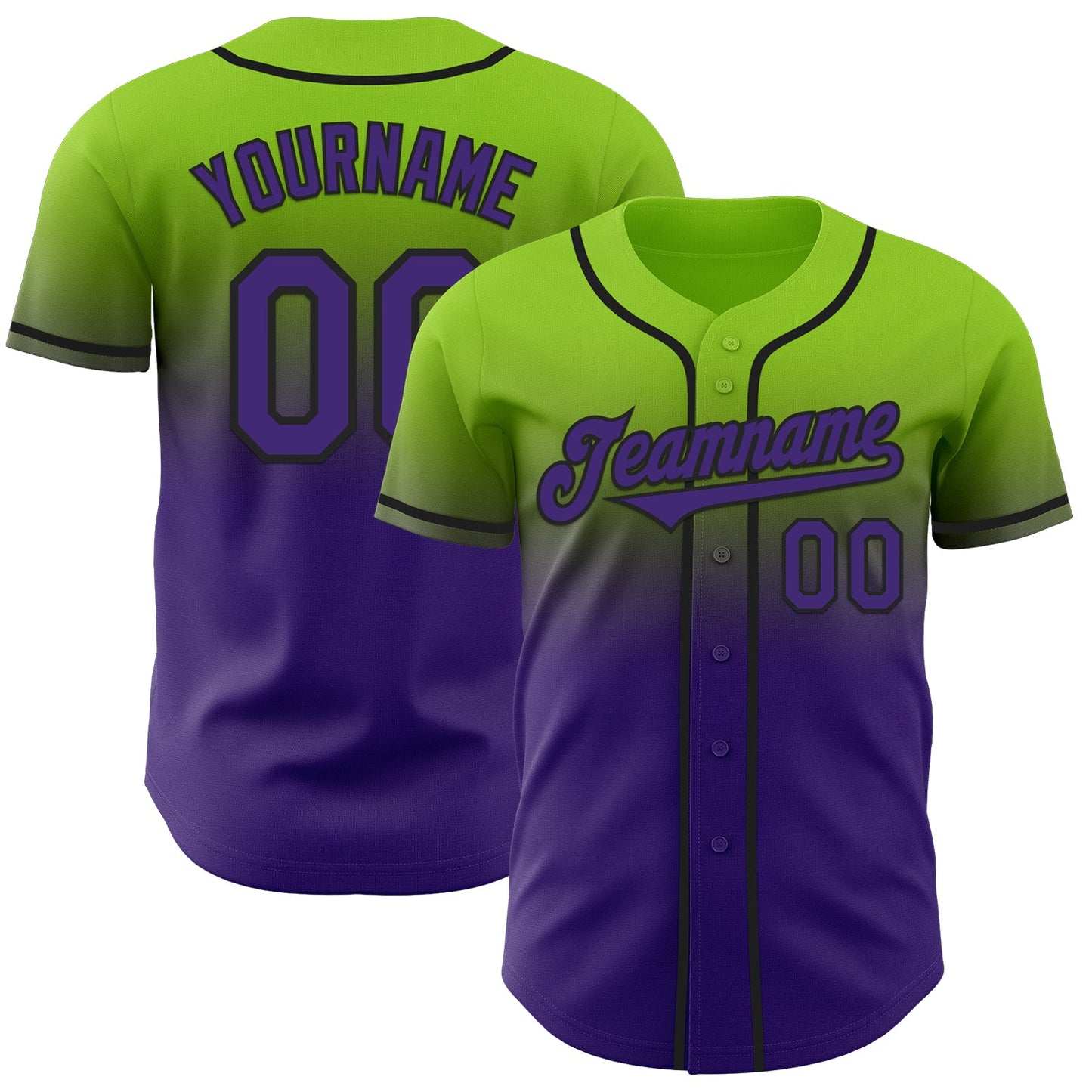 Custom Neon Green Purple-Black Authentic Fade Fashion Baseball Jersey - Main View