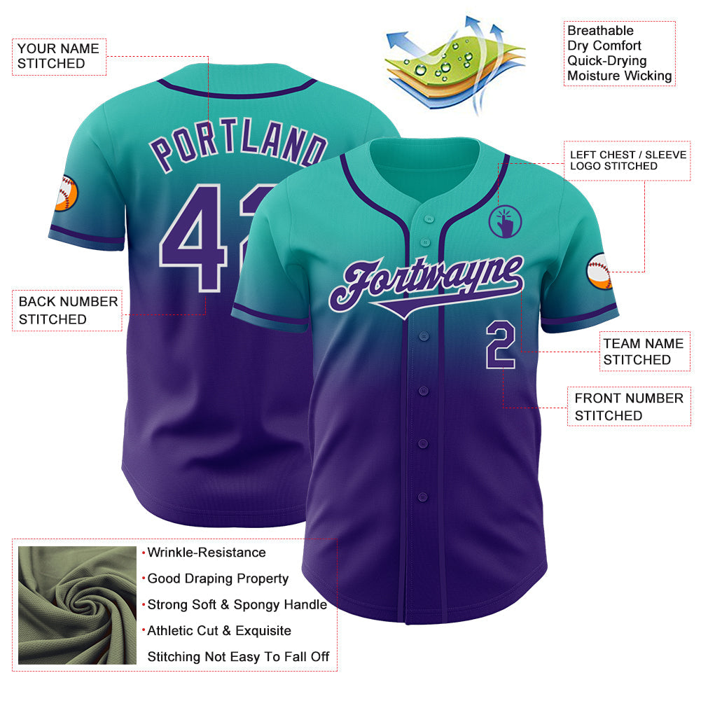 Custom Aqua Purple-White Authentic Fade Fashion Baseball Jersey view 3