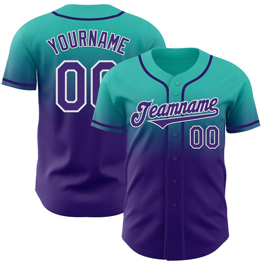Custom Aqua Purple-White Authentic Fade Fashion Baseball Jersey - Main View