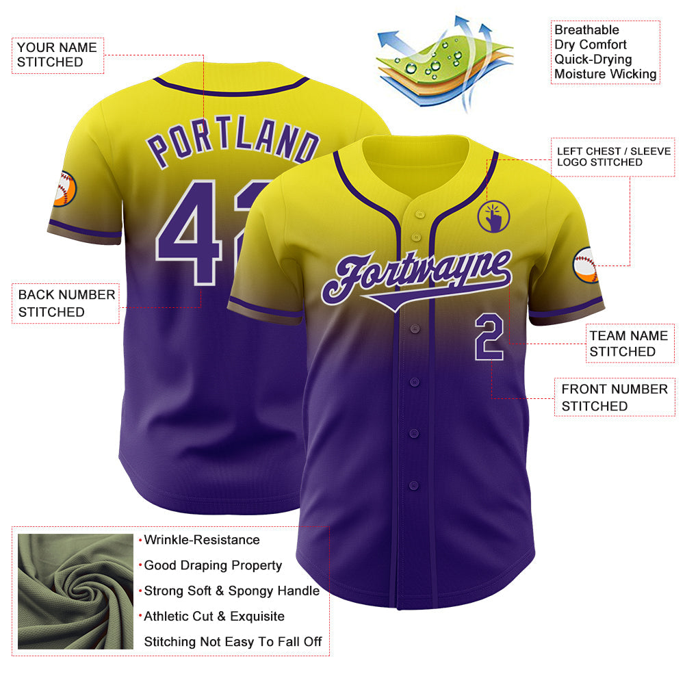 Custom Light Yellow Purple-White Authentic Fade Fashion Baseball Jersey view 3