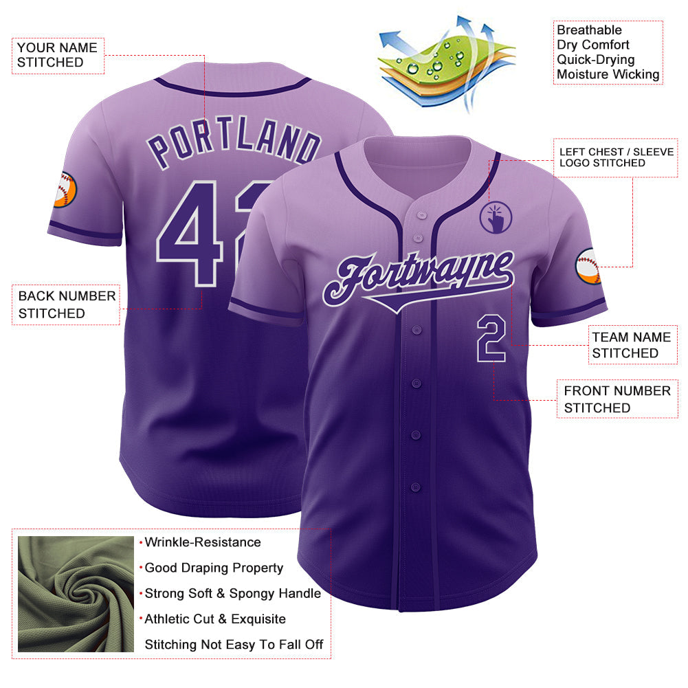 Custom Light Purple Purple-White Authentic Fade Fashion Baseball Jersey view 3