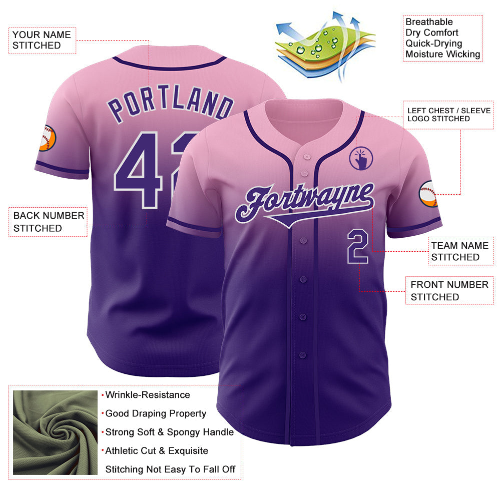Custom Light Pink Purple-White Authentic Fade Fashion Baseball Jersey view 3
