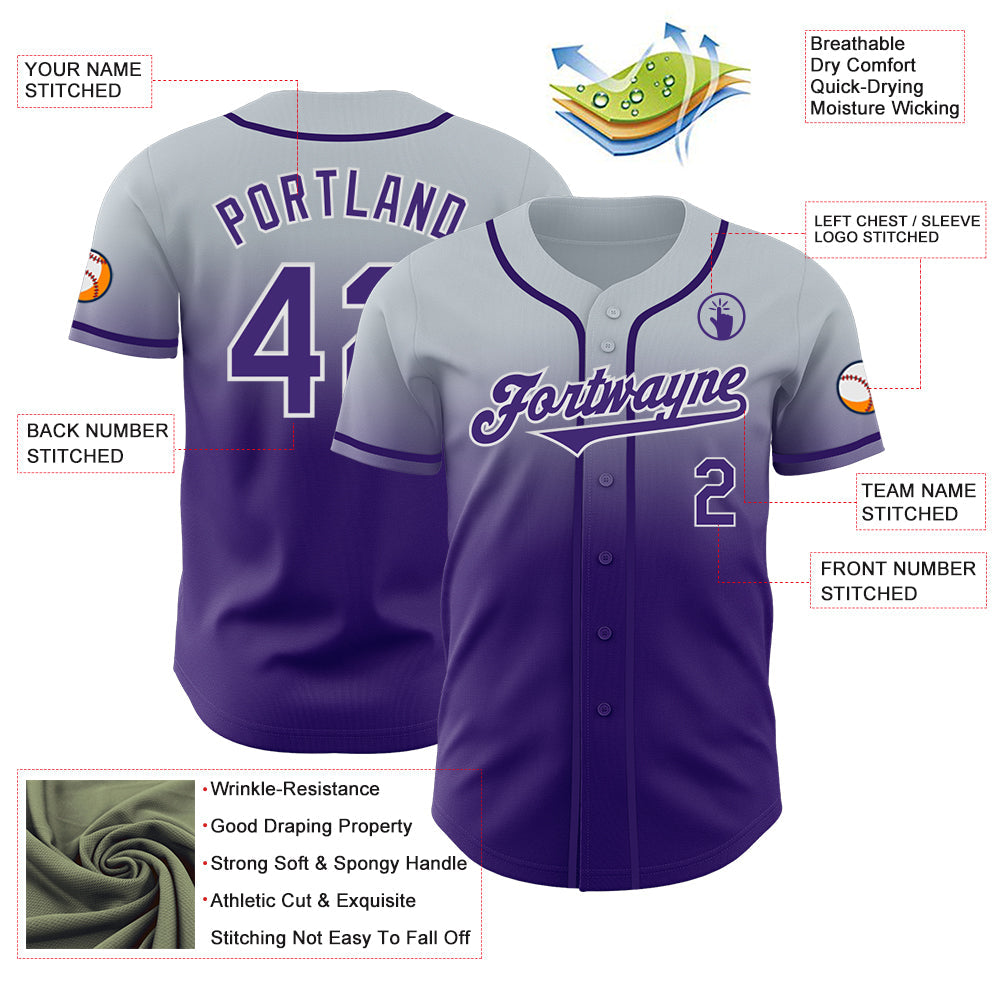 Custom Silver Purple-White Authentic Fade Fashion Baseball Jersey view 3