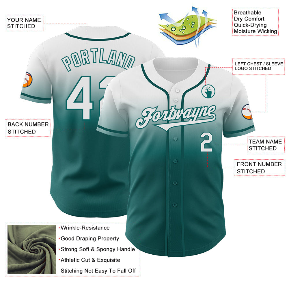 Custom White Teal Authentic Fade Fashion Baseball Jersey view 3