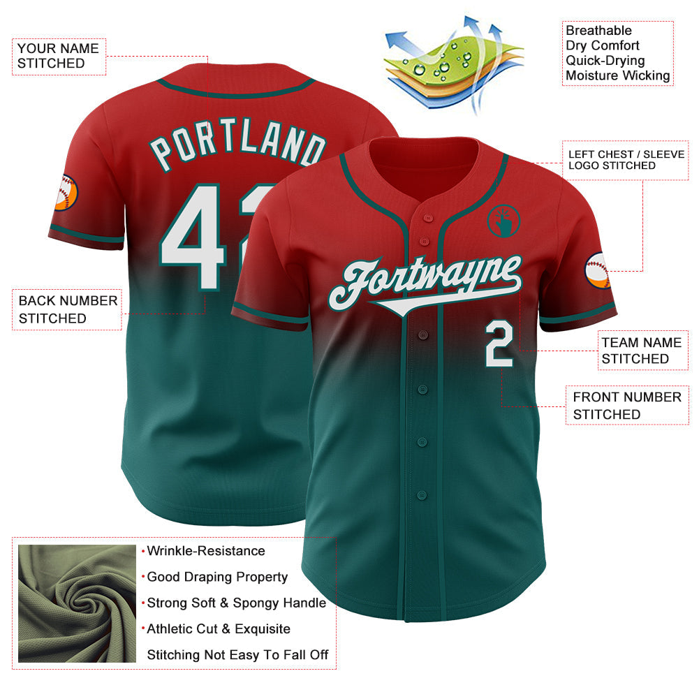 Custom Red White-Teal Authentic Fade Fashion Baseball Jersey view 3
