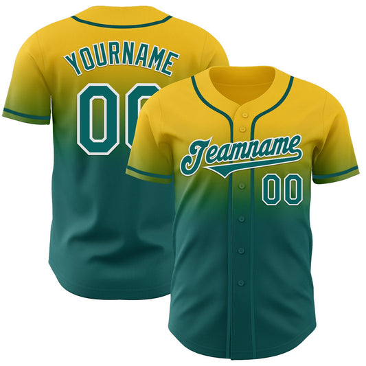 Custom Yellow Teal-White Authentic Fade Fashion Baseball Jersey - Main View