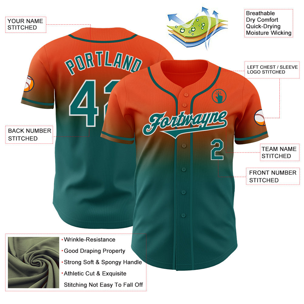Custom Orange Teal-White Authentic Fade Fashion Baseball Jersey view 3