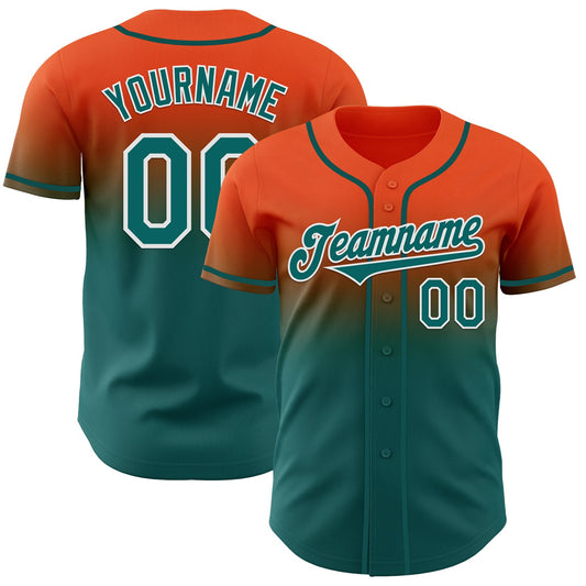 Custom Orange Teal-White Authentic Fade Fashion Baseball Jersey - Main View