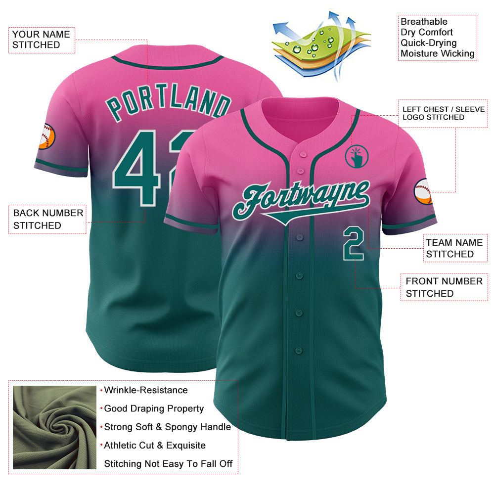 Custom Pink Teal-White Authentic Fade Fashion Baseball Jersey view 3