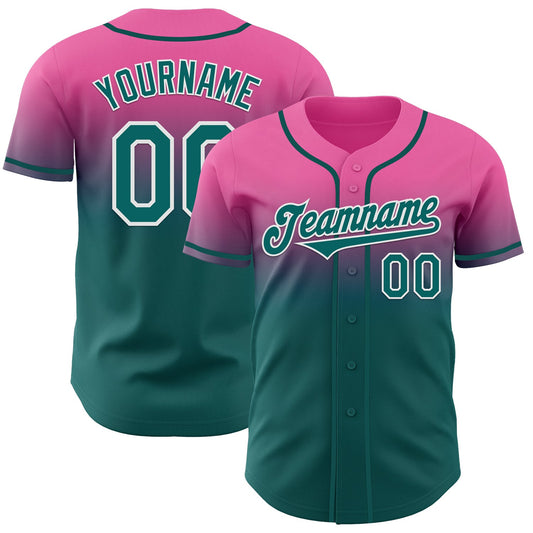 Custom Pink Teal-White Authentic Fade Fashion Baseball Jersey - Main View